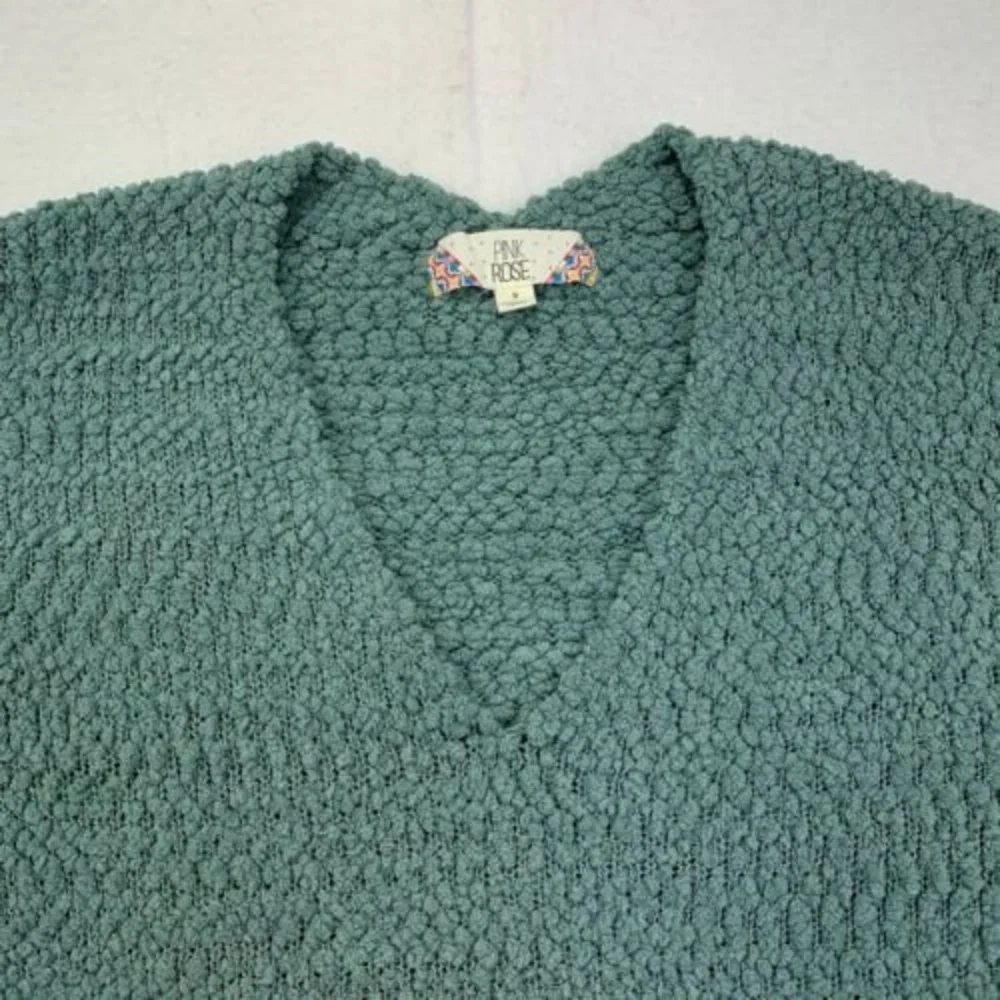 Pink Rose Teal size Small V-Neck Acrylic Knit Sweater Women's Long Sleeve - Picture 3 of 10